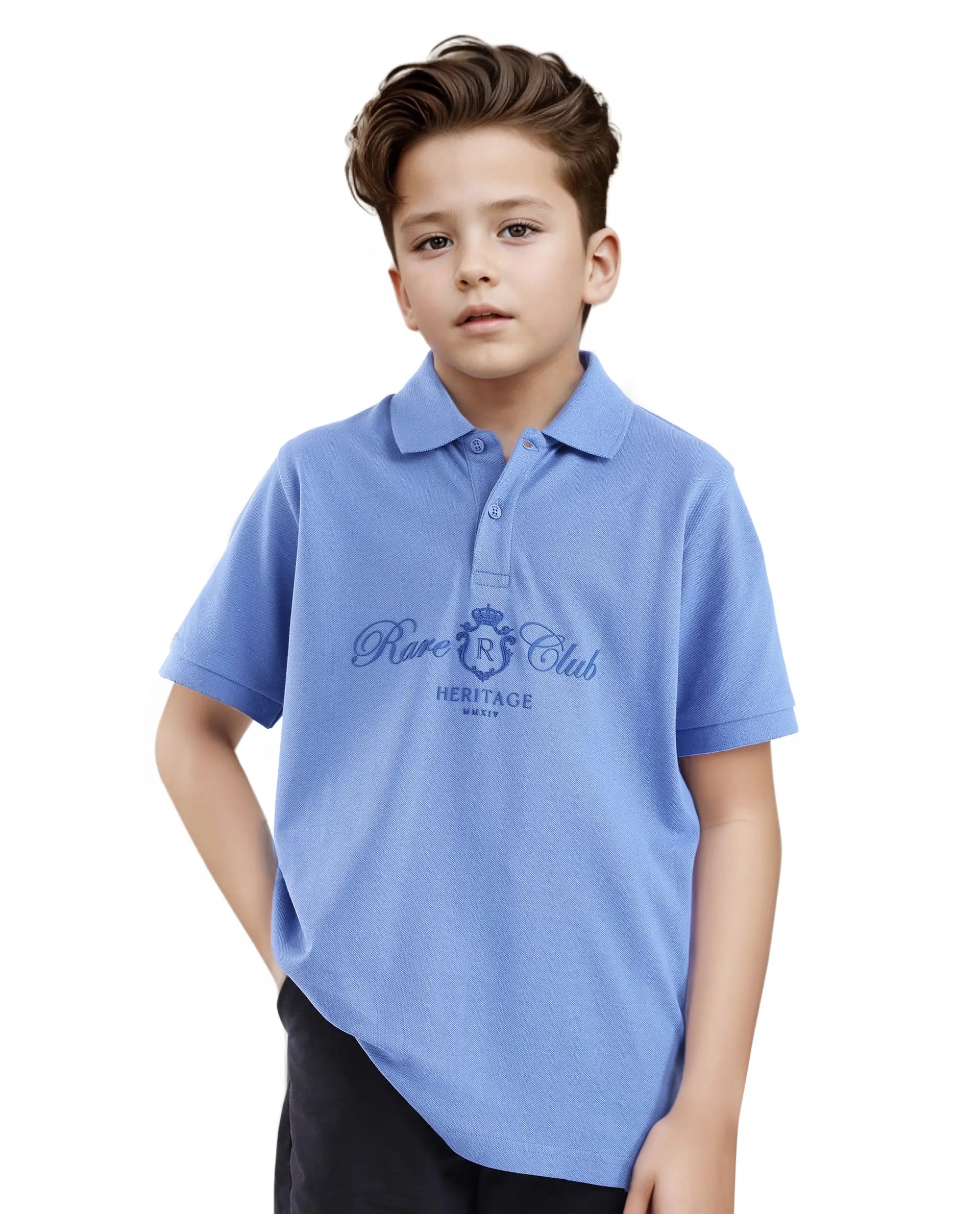 Rare Ones Kids Aimo Dark Blue Cotton Short Sleeve Collared Neck Hd Print Polo
