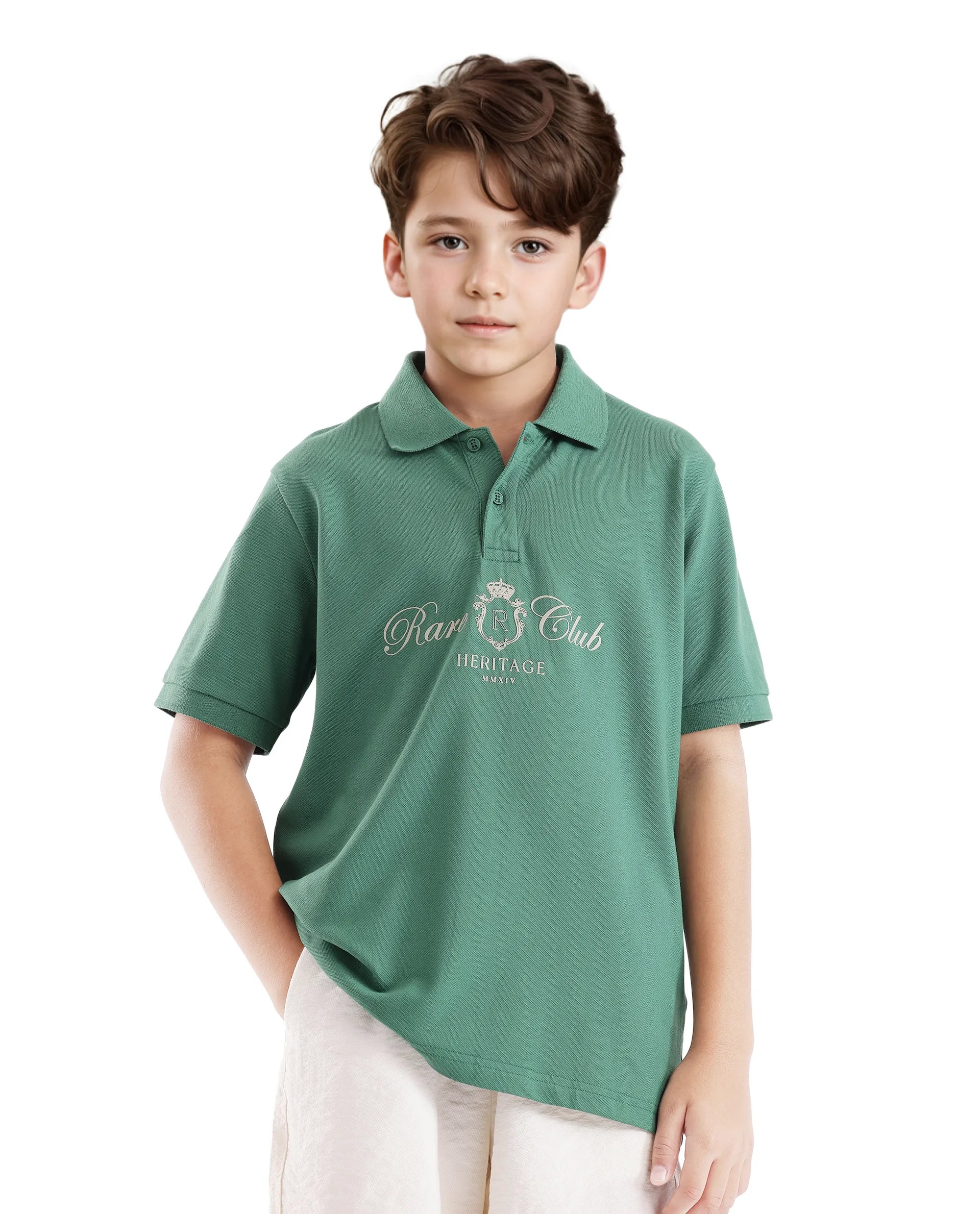 Rare Ones Kids Aimo Green Cotton Short Sleeve Hd Print Polo