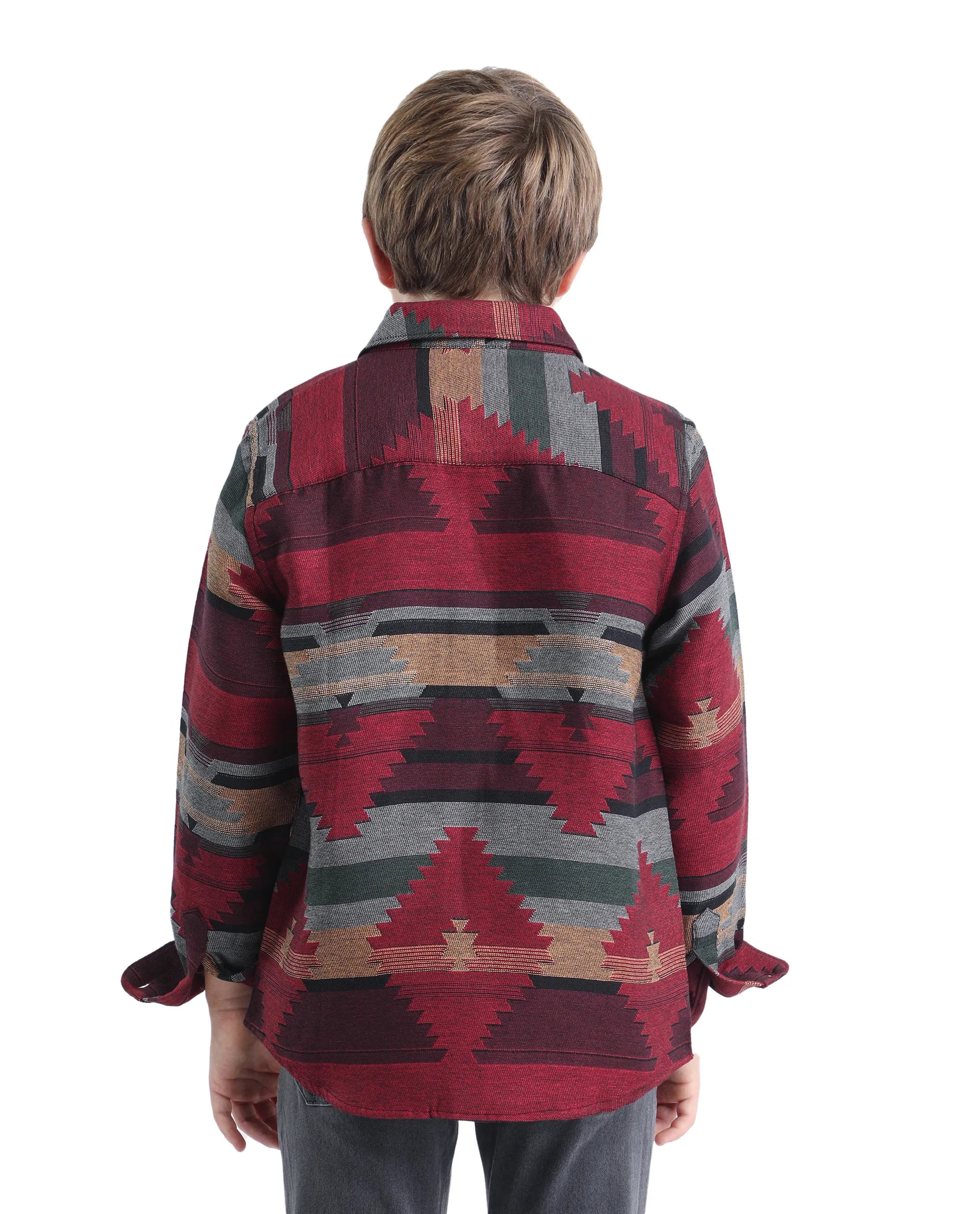 Rare Ones Kids Azlo-K Red Cotton Blend Button Closure Spread Collar Jacquard Full Sleeves Regular Fit Shirt