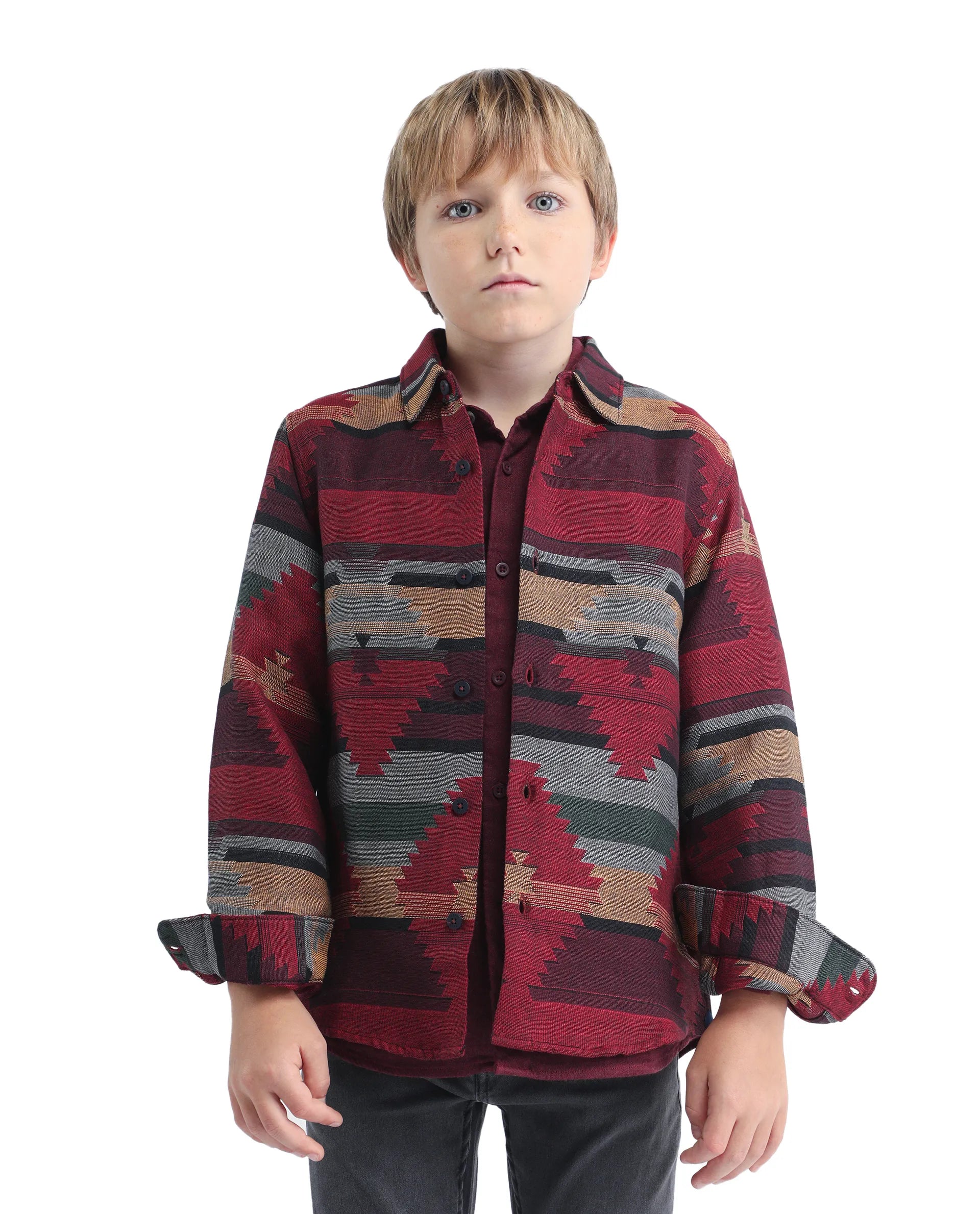 Rare Ones Kids Azlo-K Red Cotton Blend Button Closure Spread Collar Jacquard Full Sleeves Regular Fit Shirt