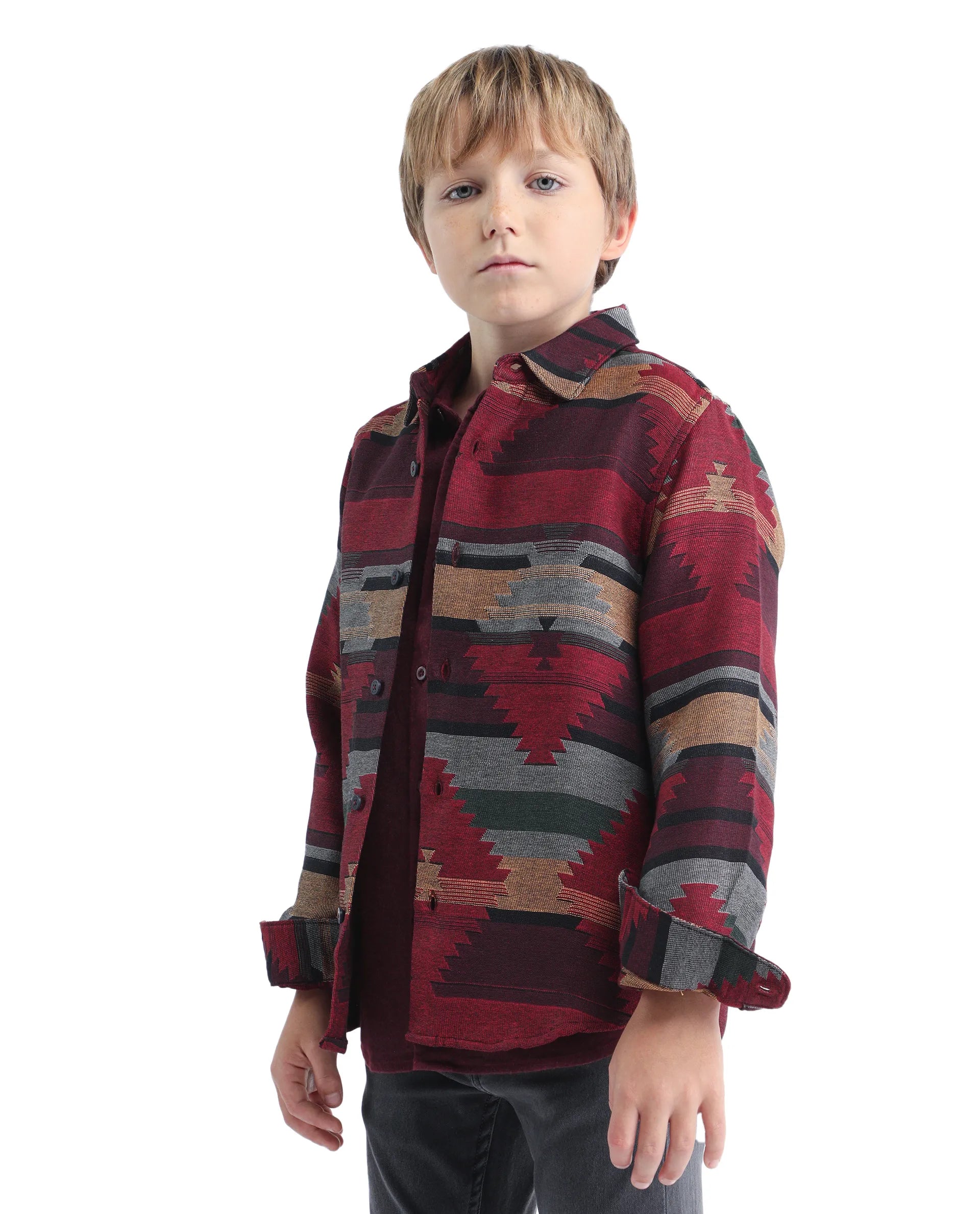 Rare Ones Kids Azlo-K Red Cotton Blend Button Closure Spread Collar Jacquard Full Sleeves Regular Fit Shirt