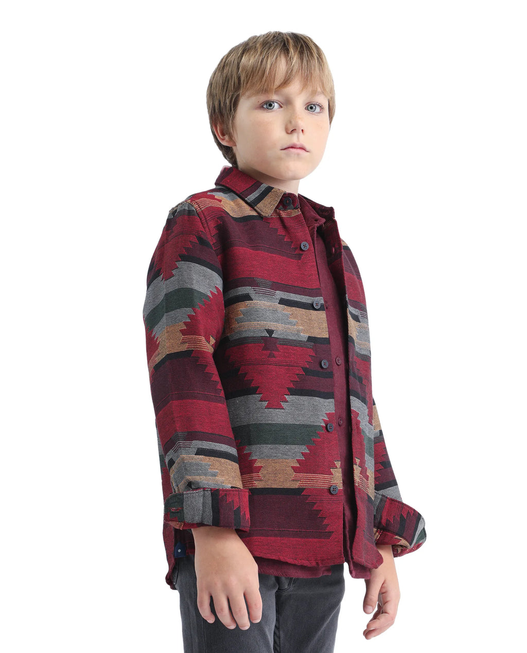 Rare Ones Kids Azlo-K Red Cotton Blend Button Closure Spread Collar Jacquard Full Sleeves Regular Fit Shirt