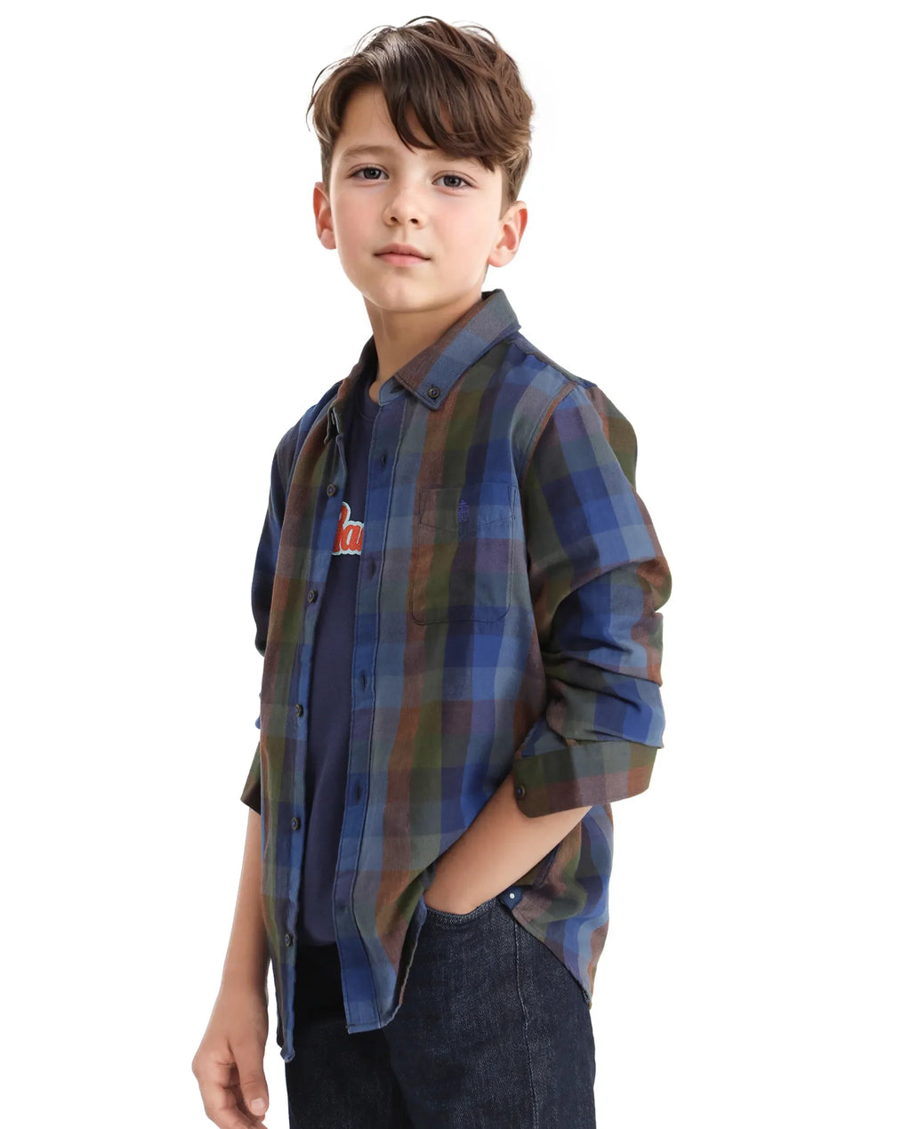 Rare Ones Kids Cal Blue Cotton Poly Full Sleeve Button Down Checked Shirt