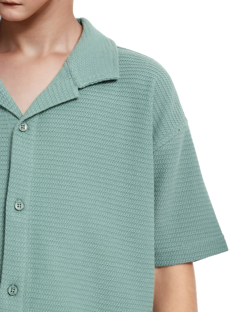 Rare Ones Kids Colen Green Jacquard Half Sleeves Cuban Collar Boxy Fit Shirt
