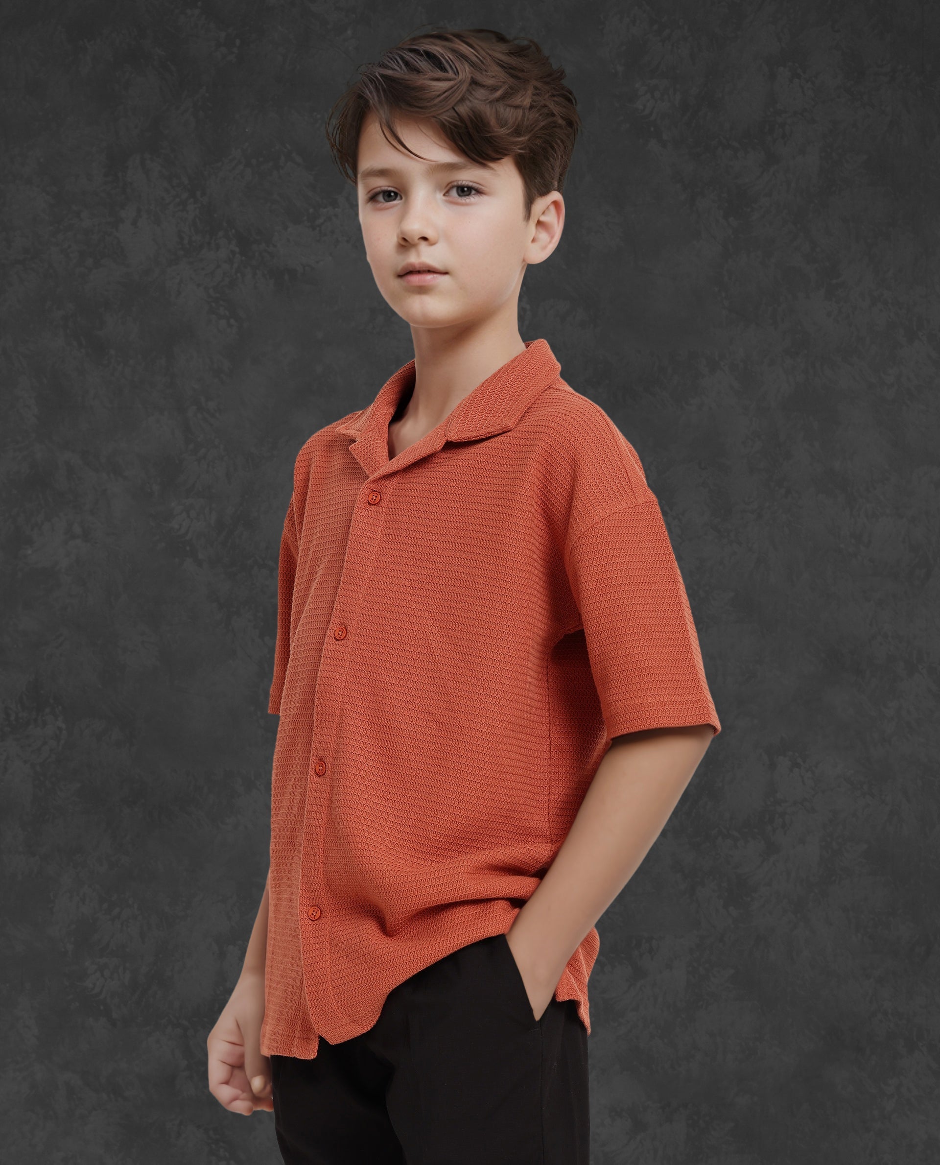 Rare Ones Kids Colen Rust Jacquard Half Sleeves Cuban Collar Boxy Fit Shirt
