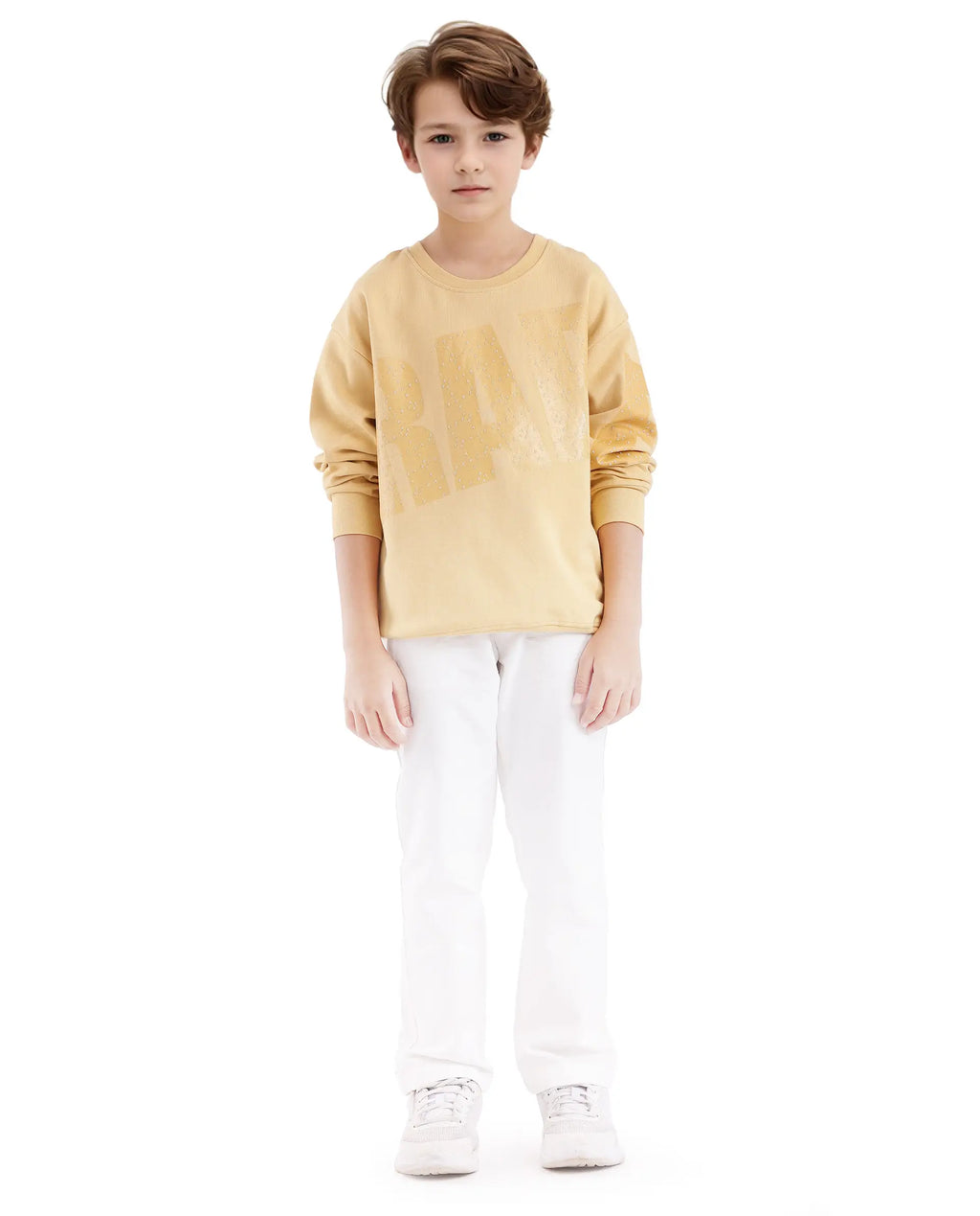 Rare Ones Kids Cramet Yellow Cotton Full Sleeve Gel With Hd Print Sweatshirt