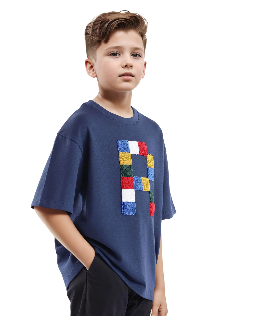 Rare Ones Kids Doe Navy Cotton Poly Short Sleeve Crew Neck Towel Embroidered Boxy T-Shirt