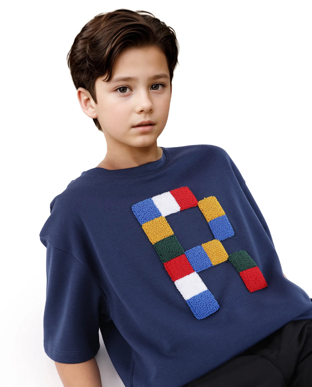 Rare Ones Kids Doe Navy Cotton Poly Short Sleeve Crew Neck Towel Embroidered Boxy T-Shirt