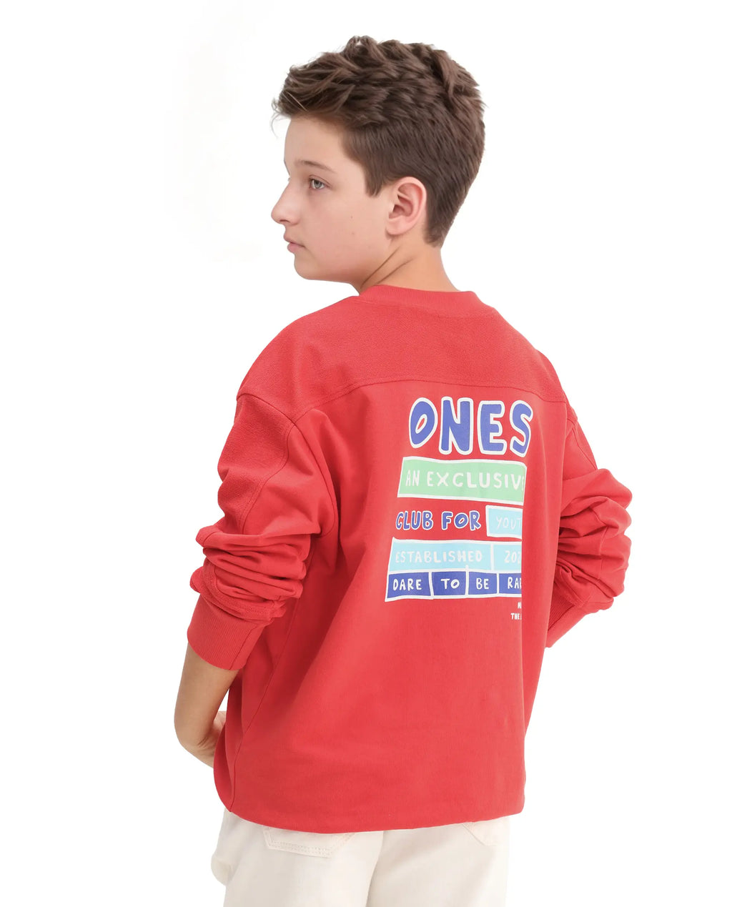 Rare Ones Kids Ezra Red Cotton Slip-On Full Sleeves Crew Neck Pigment Print Oversized Sweatshirt