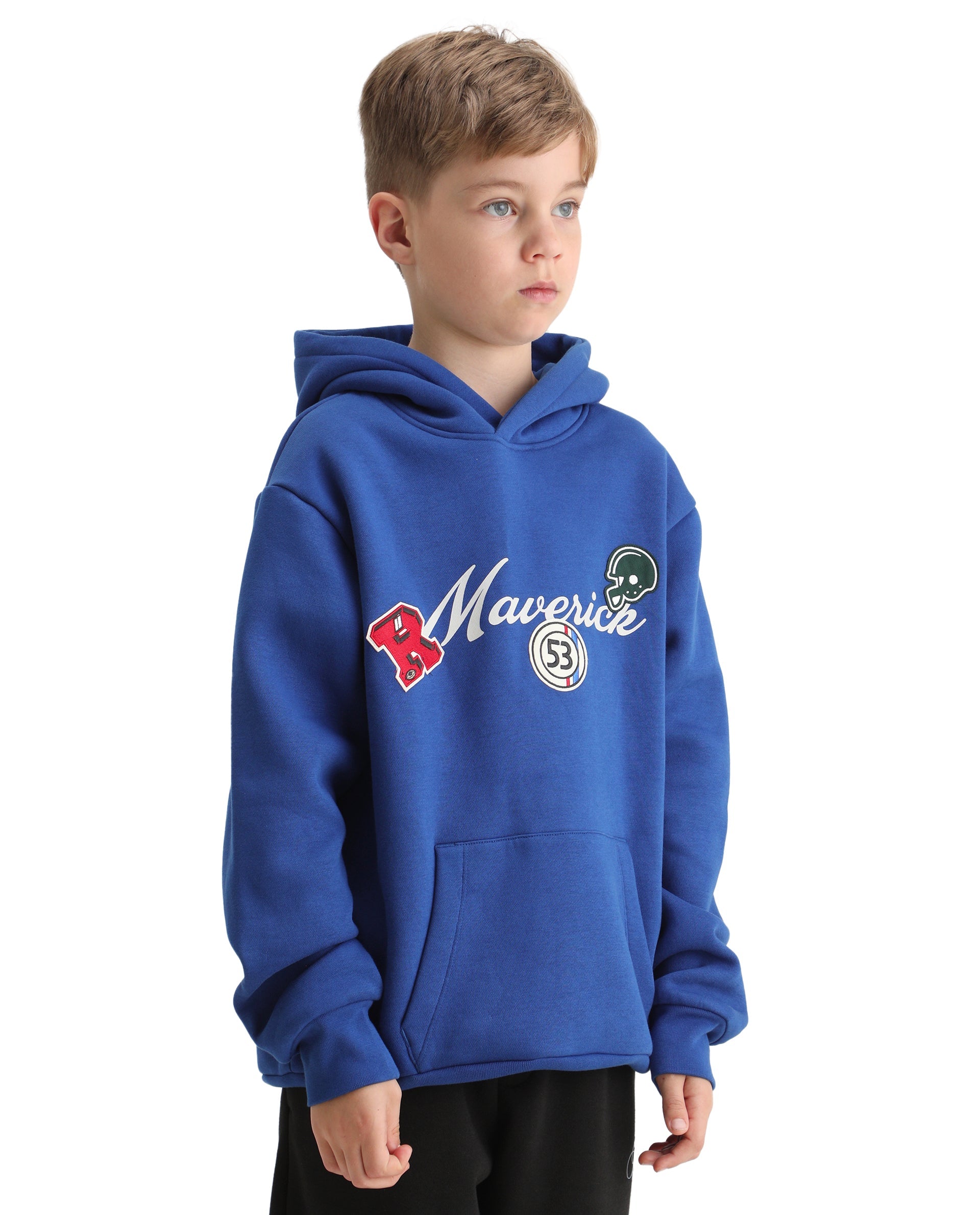 Rare Ones Kids Gino Dark Blue Cotton Blend Hooded Typography Oversized Sweatshirt