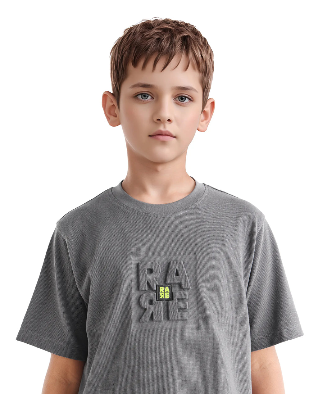 Rare Ones Kids Hiro Dark Grey Cotton Embossed Regular Fit T-Shirt
