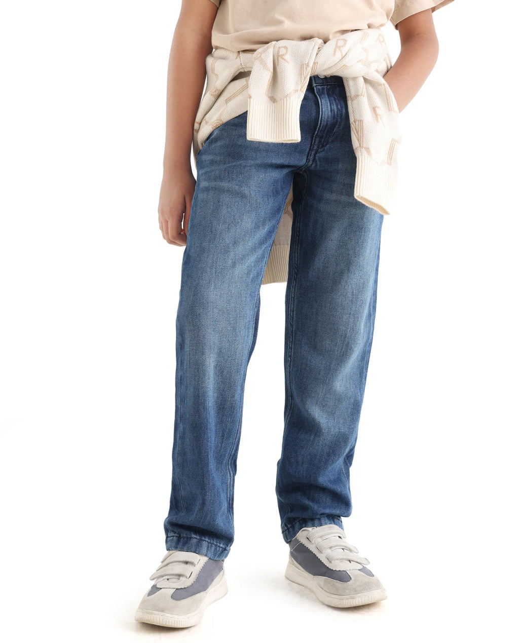 Rare Ones Kids Indi-K Light Navy Cotton Button And Zip Closure Plain Regular Fit Jeans