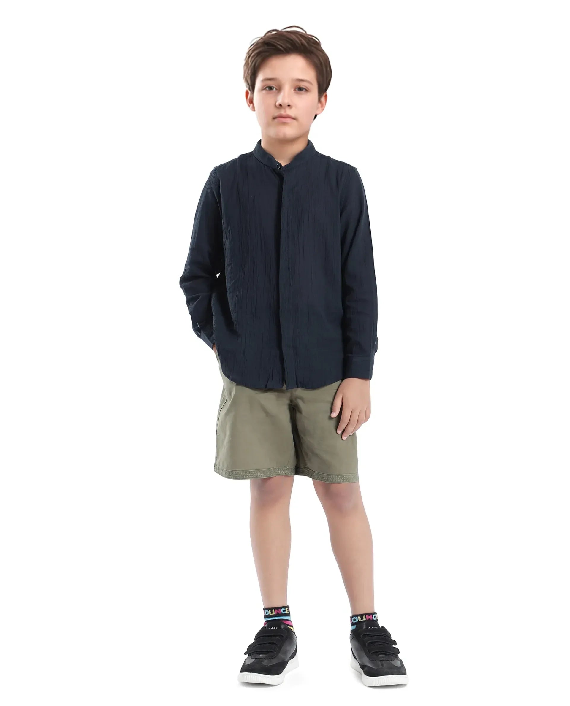 Rare Ones Kids Ines Dark Navy Cotton Long Sleeve Spread Collar Solid Shirt