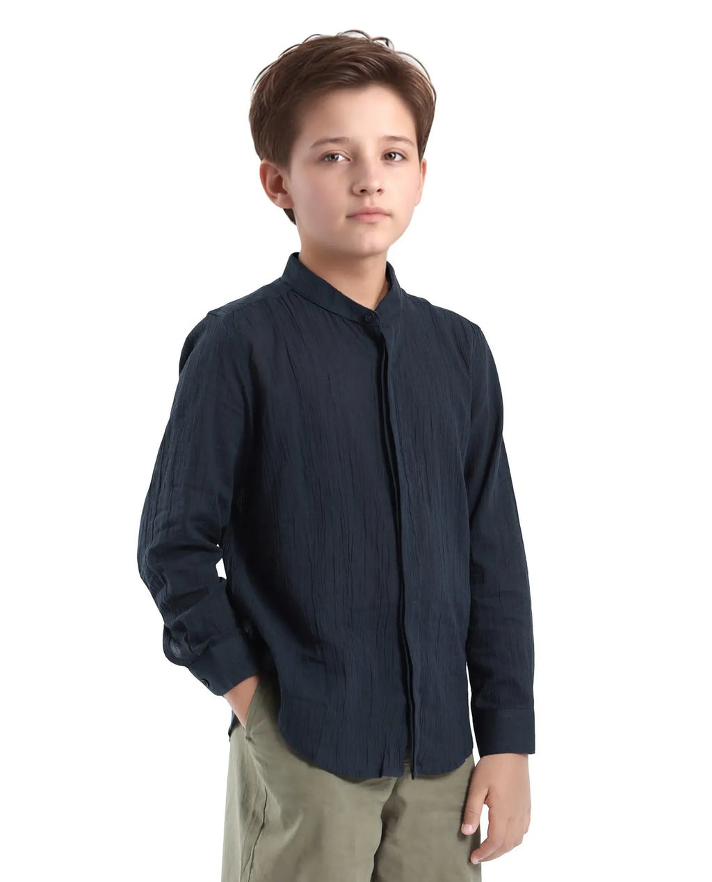 Rare Ones Kids Ines Dark Navy Cotton Long Sleeve Spread Collar Solid Shirt