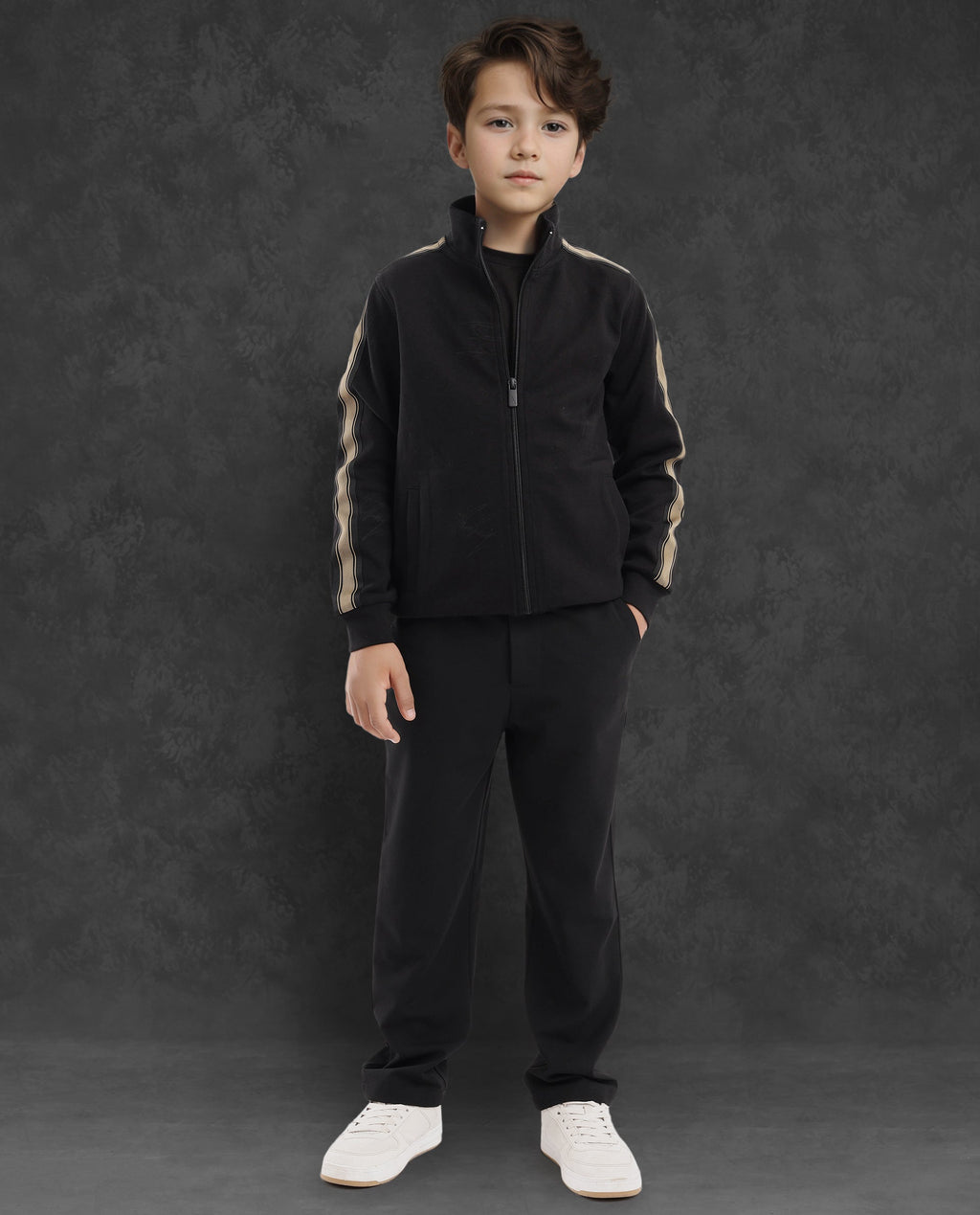 Rare Ones Kids Jacksign Black Cotton Full Sleeves High Neck Striped Sleeve Zipper Closure Solid Jacket
