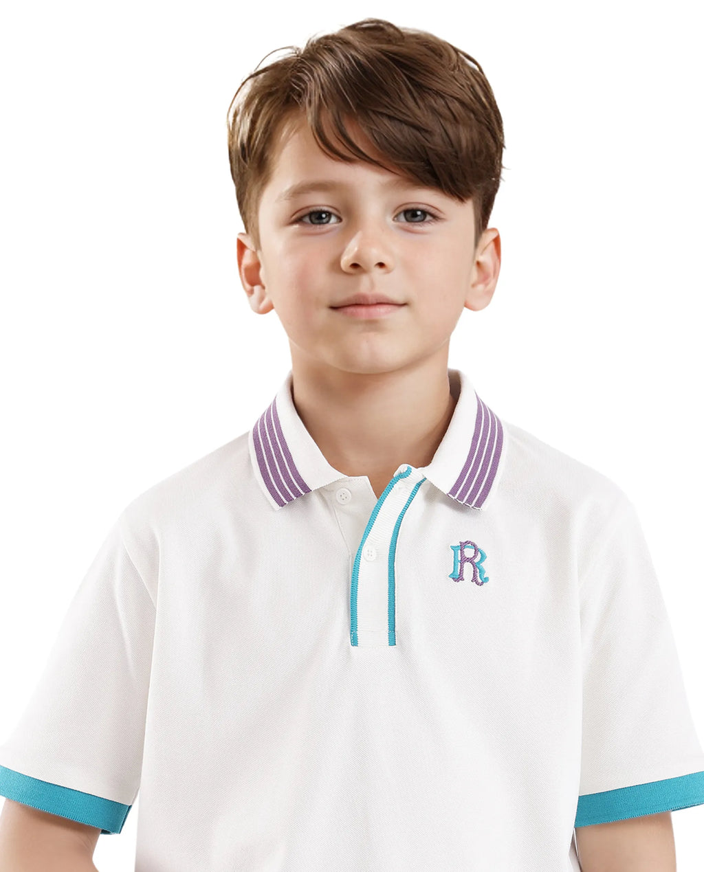 Rare Ones Kids Jef White Cotton Short Sleeve Contrasting Collar Embroidered Polo