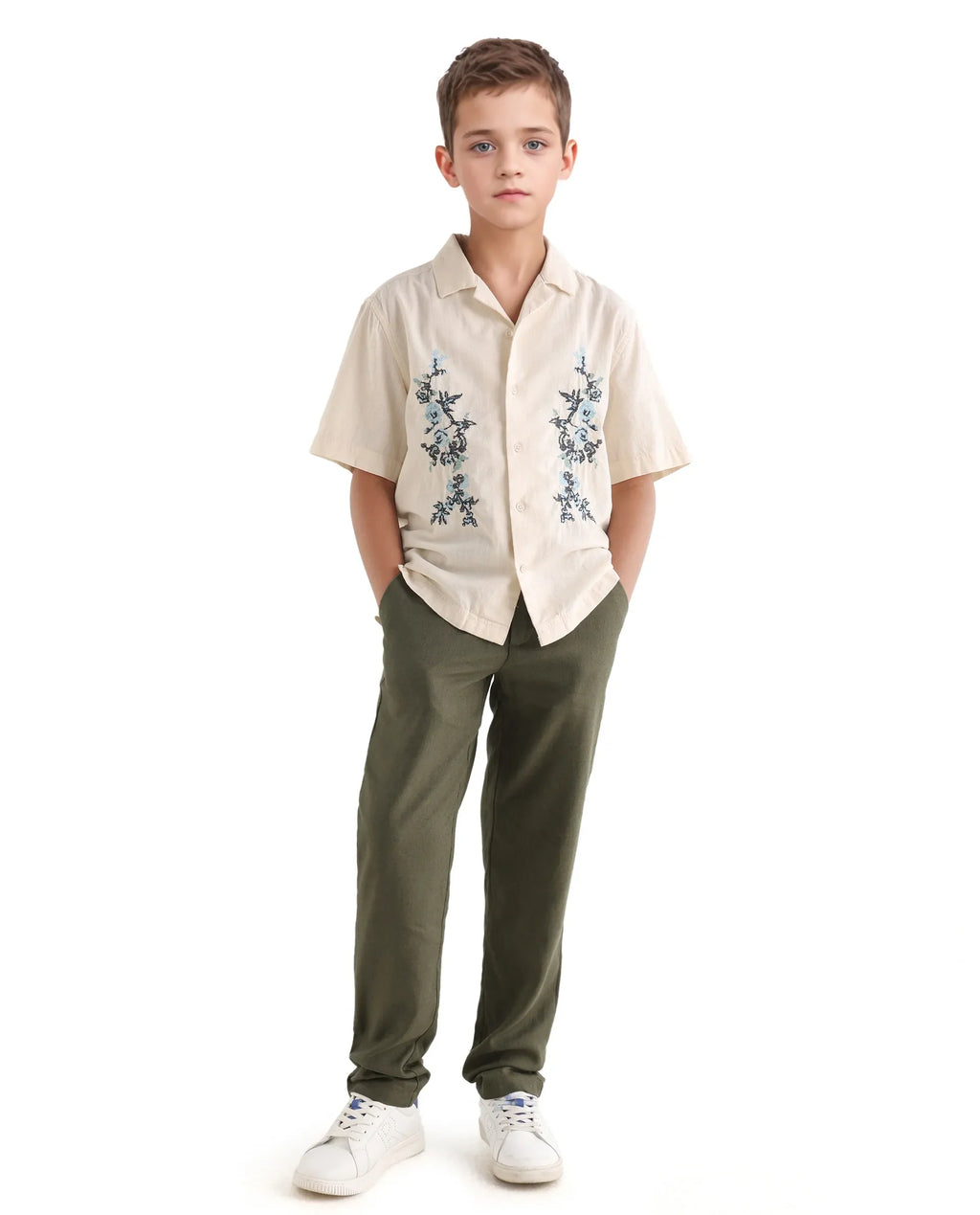 Rare Ones Kids Jomok-B Olive Linen Solid Drawstring Closure Regular Fit Trouser
