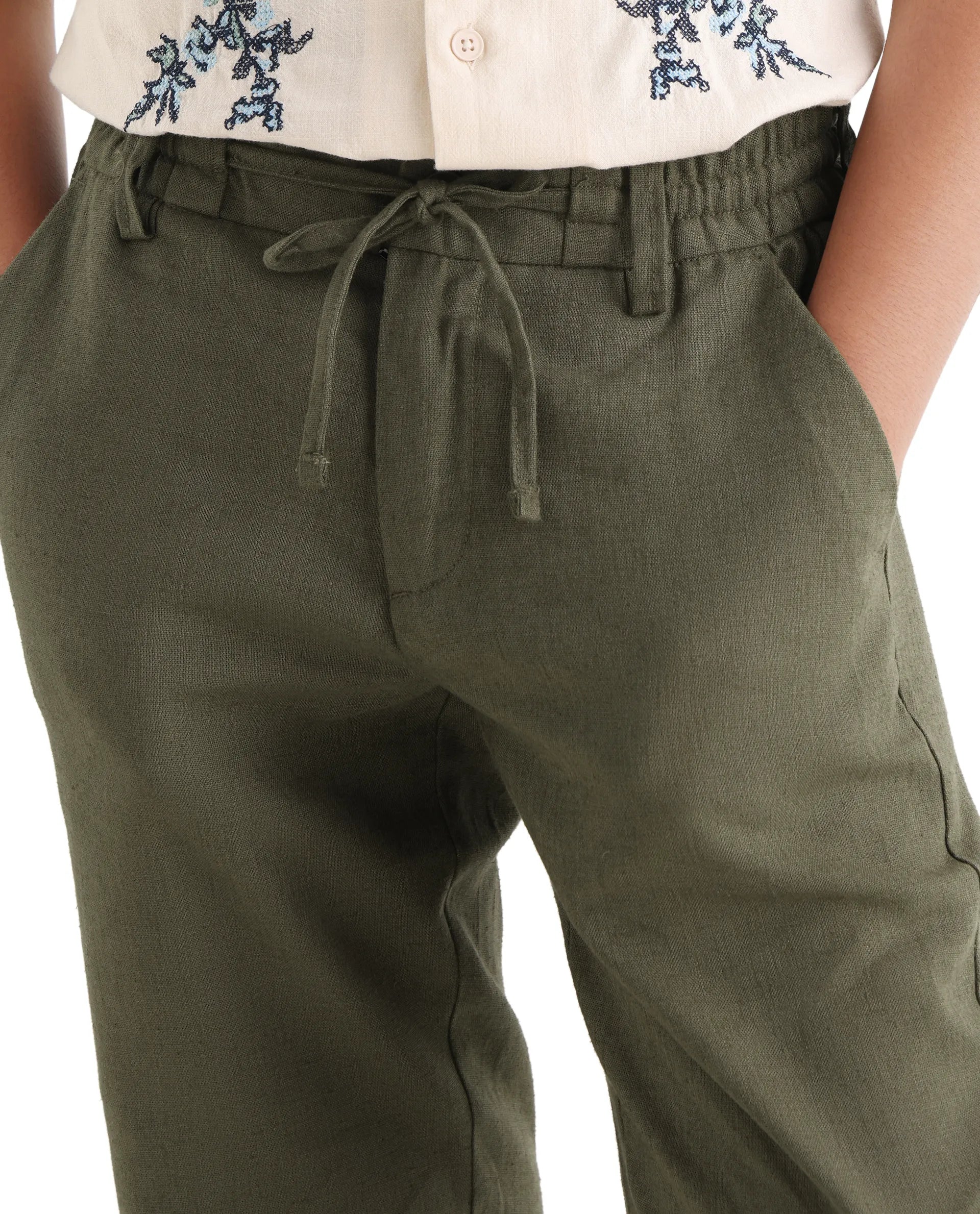Rare Ones Kids Jomok-B Olive Linen Solid Drawstring Closure Regular Fit Trouser