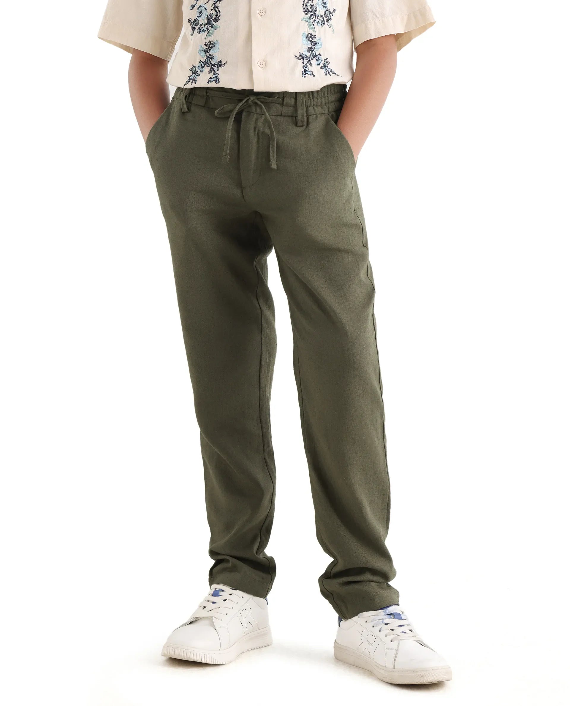 Rare Ones Kids Jomok-B Olive Linen Solid Drawstring Closure Regular Fit Trouser