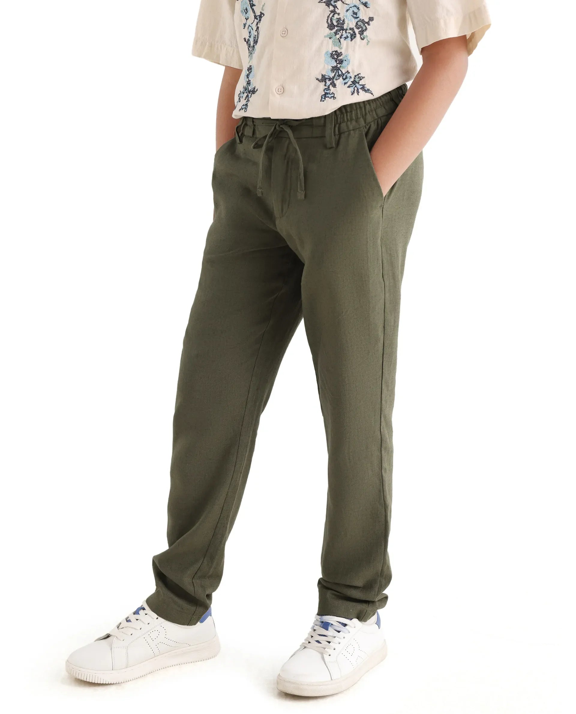 Rare Ones Kids Jomok-B Olive Linen Solid Drawstring Closure Regular Fit Trouser