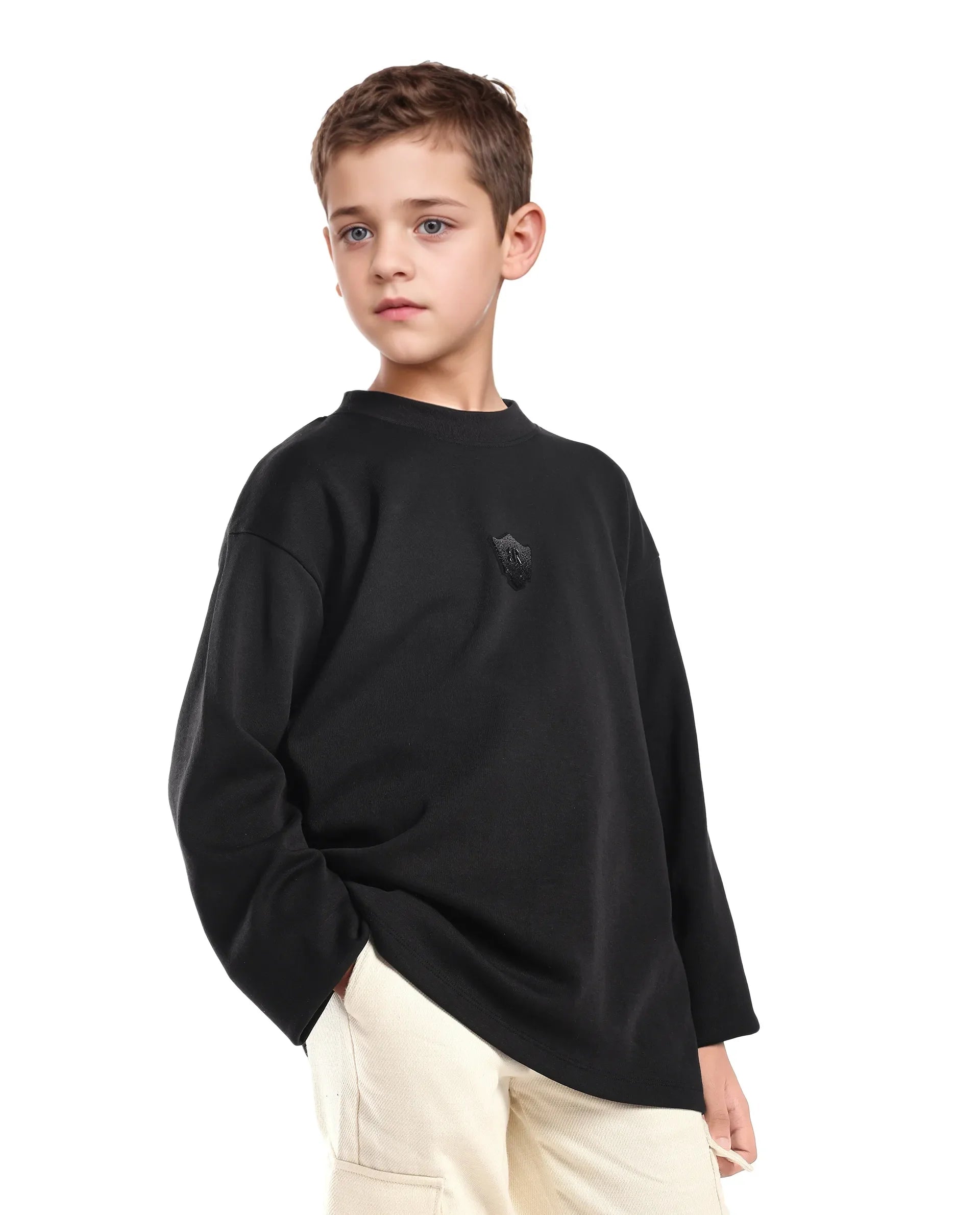 Rare Ones Kids Kai Black Cotton Slip-On Crew Neck Full Sleeves Plain Sweatshirt