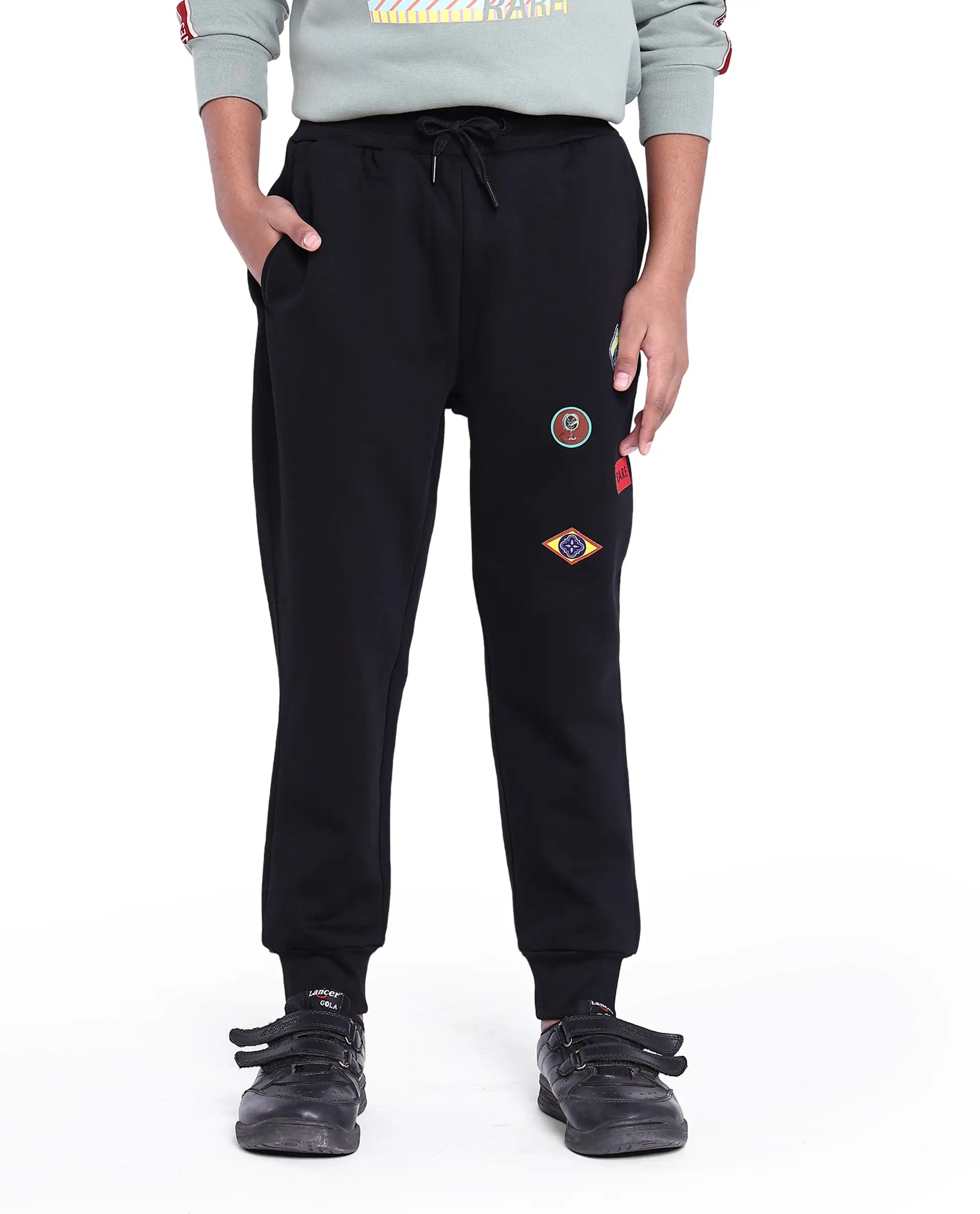 Rare Ones Kids Karo Black Cotton Poly Drawstring Applique Trackpant