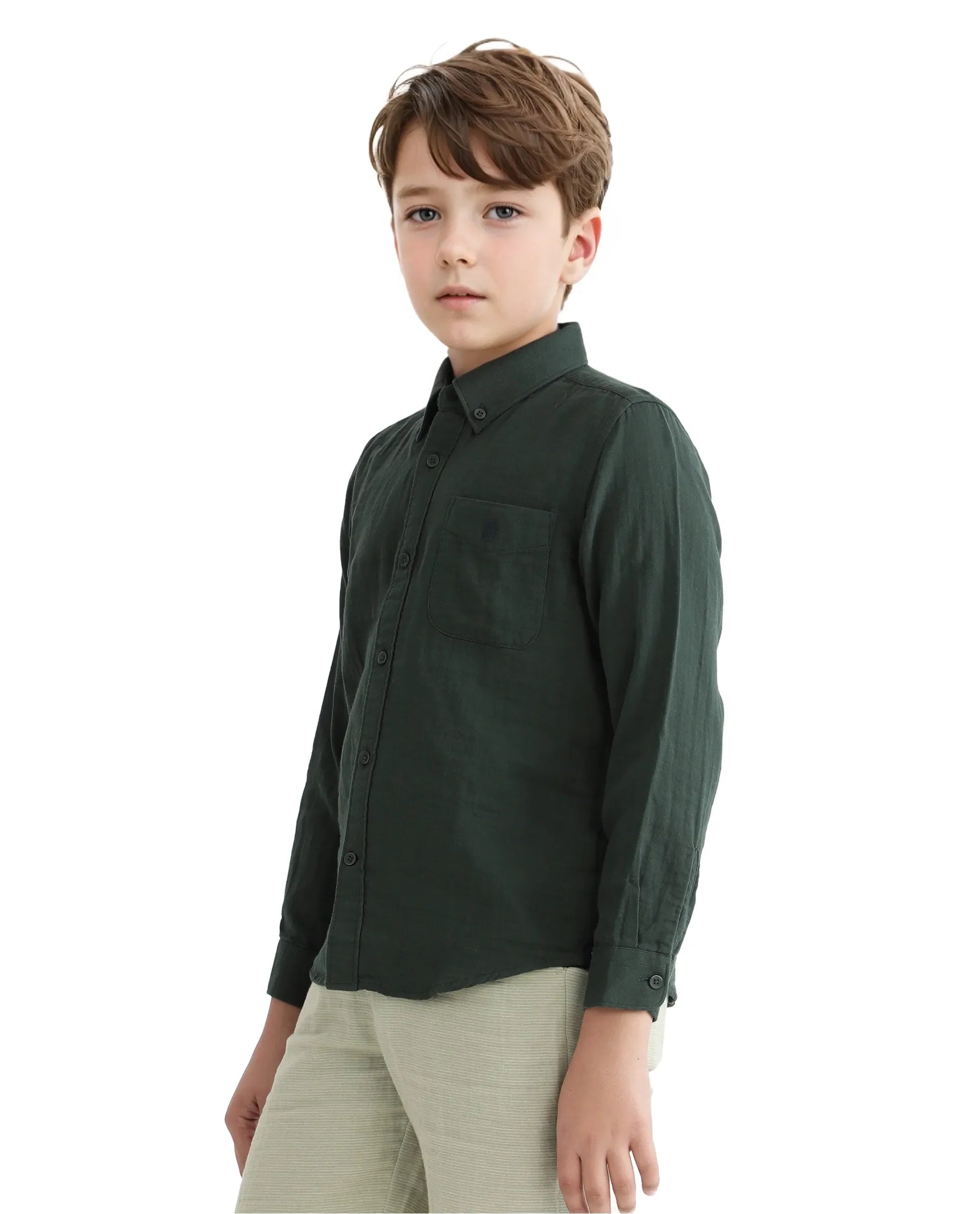 Rare Ones Kids Layerr Ls-K Dusky Green Cotton Full Sleeve Spread Collar Solid Shirt