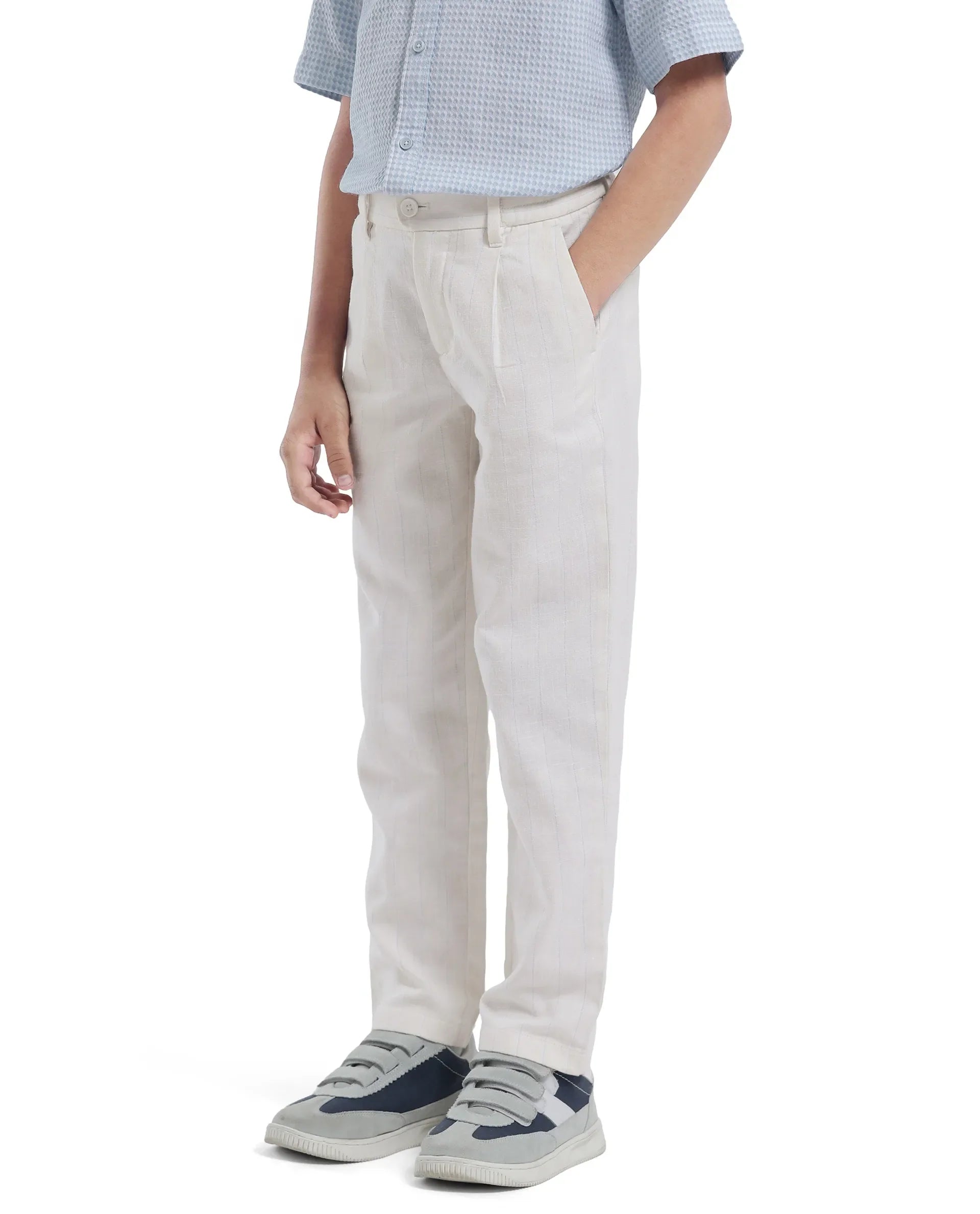 Rare Ones Kids Leo White Polyester Blend Polyester Blend Striped Button & Zip Closure Regular Fit Trouser